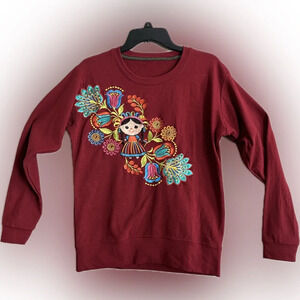 Unique Mexican Embroidered Vibrant Floral Folk Art Long Sleeve Sweatshirt S